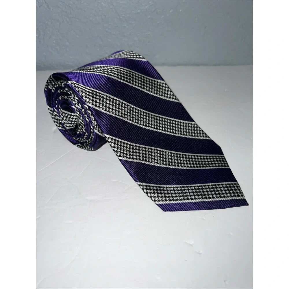 Ralph Lauren Handmade Silk Tie Black Silver Purple Stripe Men's Necktie 57